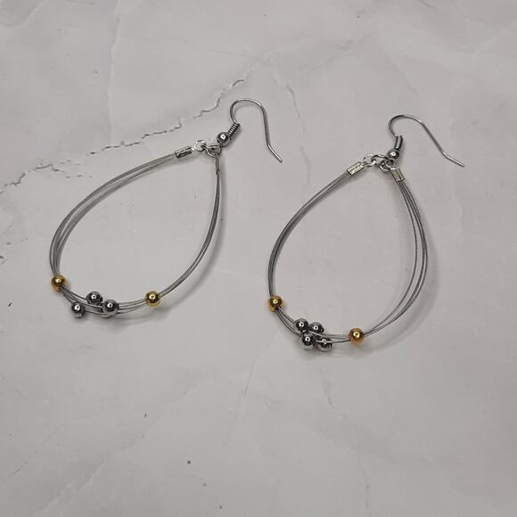 Silver Tone Wire Beaded Teardrop Dangle Earrings - Picture 3 of 7